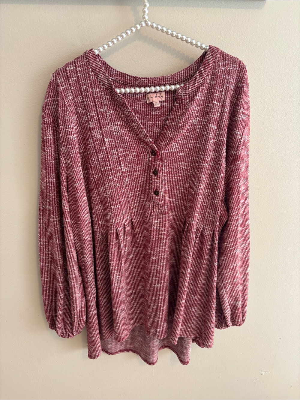 Wonderly 3X Henley Top Women Plus Size Red White Marled Knit Babydoll Tunic